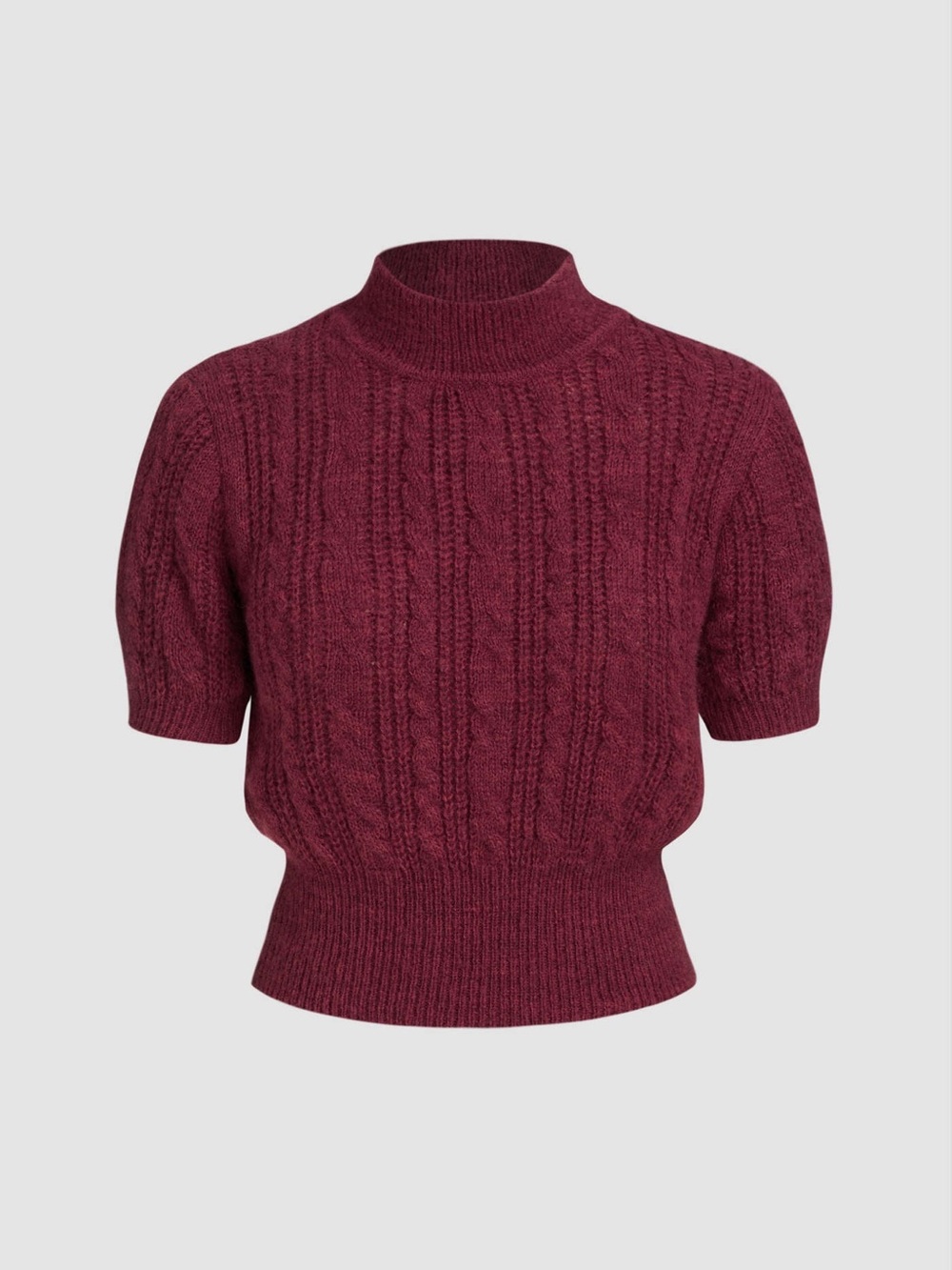 NWT Cider Burgundy Wool-Blend Cable Knit Mock Neck Crop Sweater Short Sleeve Lg